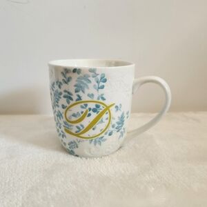 Pier 1 Imports Ava White Blue Green Leaves Monogram D Coffee Cup Mug 14 Oz